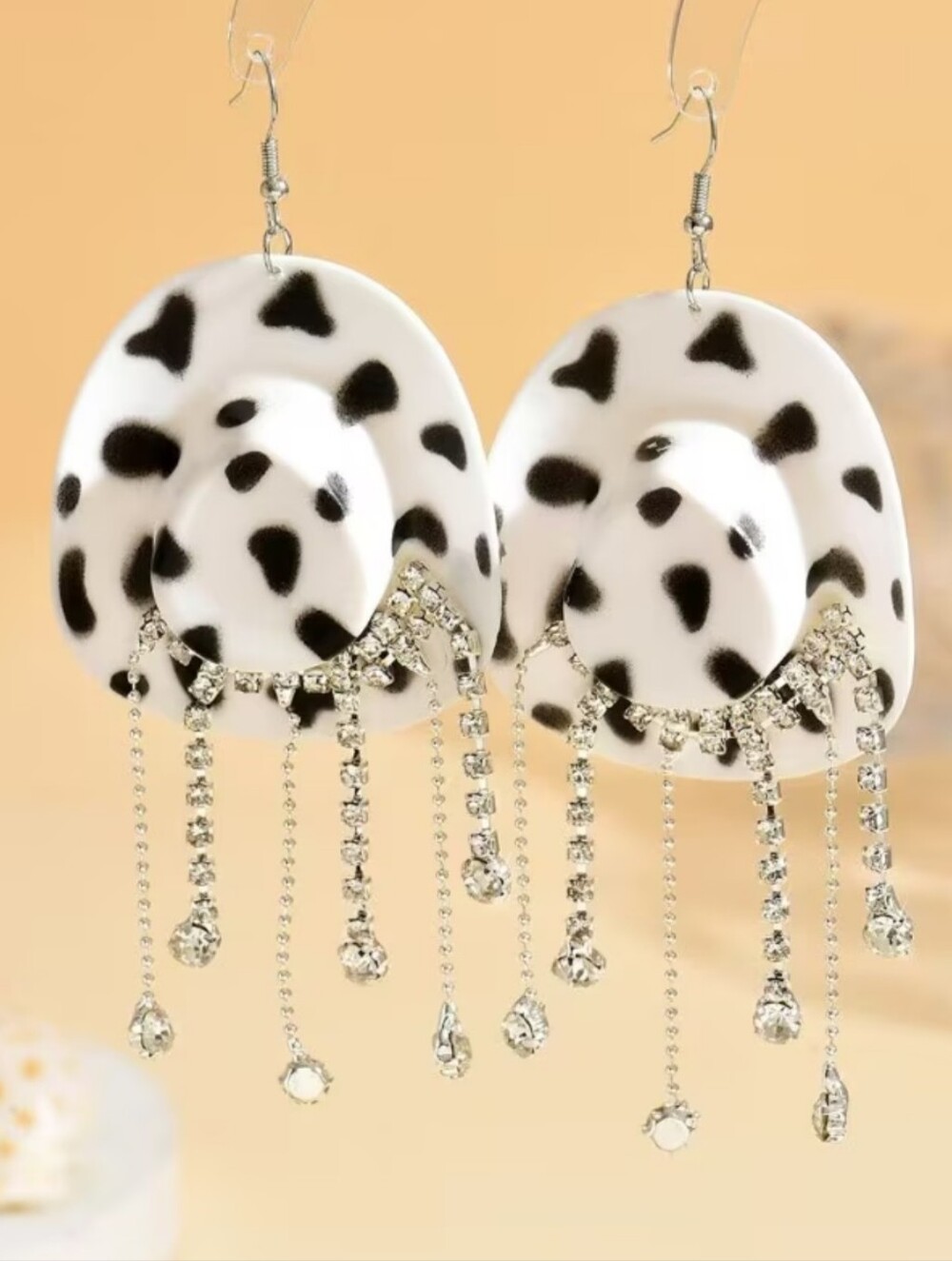 Hand Crafted Bold Black & White Western Hat Drop Earrings with Rhinestone Fringe - Picture 7 of 8